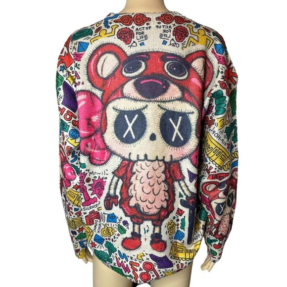 Womens Pullover Sweater Small Beige Red Stretch Crew Neck Print Bear Dolls Relax - Picture 10 of 16